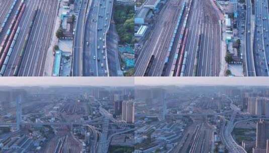 俯瞰高架桥车流城市铁路轨道火车高清在线视频素材下载