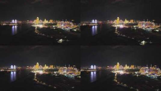 云南西双版纳告庄景区夜景航拍高清在线视频素材下载