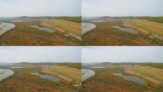 航拍吉林敦化市雁鸣湖湿地沼泽河流森林沼泽高清在线视频素材下载