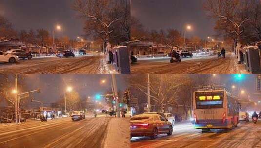 冬夜街道雪景及行人车辆高清在线视频素材下载