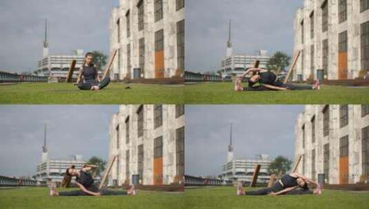 女人在草地上做瑜伽高清在线视频素材下载