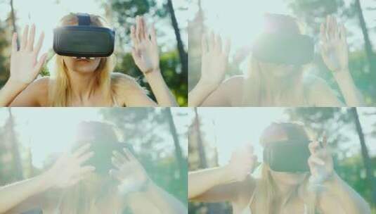 女人戴着虚拟现实的眼镜高清在线视频素材下载