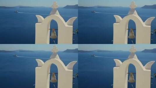 希腊岛教堂后面远处的游轮高清在线视频素材下载