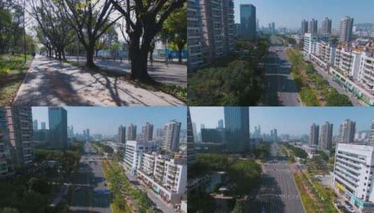 4k深圳城市道路两边行道树公路高楼高清在线视频素材下载