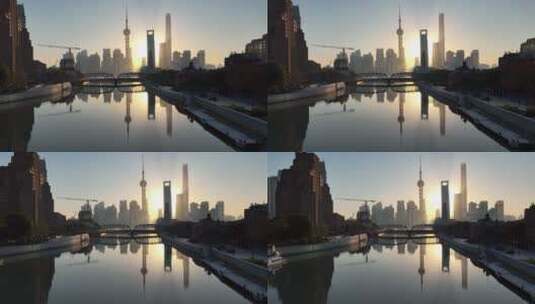 苏州河清晨日出航拍高清在线视频素材下载