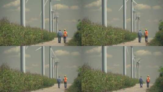 农民和工程师在风车农场附近散步高清在线视频素材下载