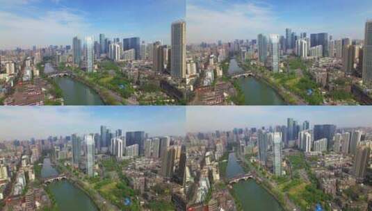 航拍成都锦江廊桥高楼大厦高清在线视频素材下载