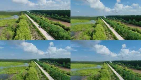 汽车穿越行驶在湿地和河流之间的堤坝上4K高清在线视频素材下载