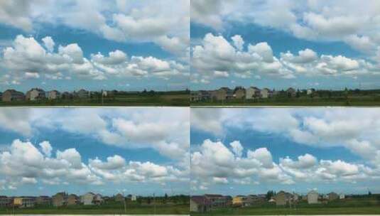 在车内拍摄村庄，蓝天白云，车内视角高清在线视频素材下载