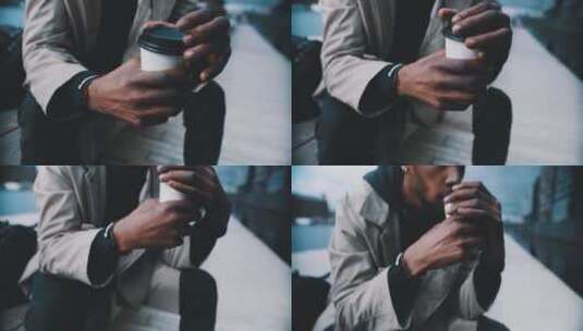男人坐在路边喝咖啡高清在线视频素材下载