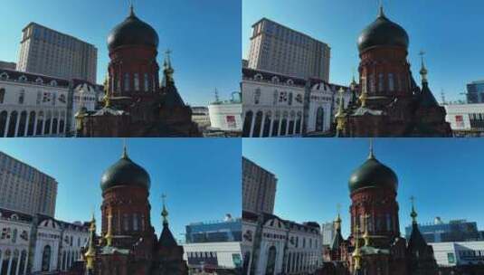 哈尔滨地标索菲亚大教堂航拍高清在线视频素材下载