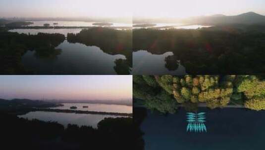 4K航拍杭州西湖早晨太阳照射湖面上视频合集高清在线视频素材下载