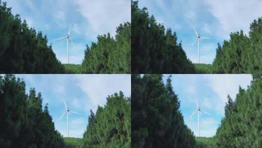 绿色森林小清新风车蓝天白云车窗外行驶风景高清在线视频素材下载