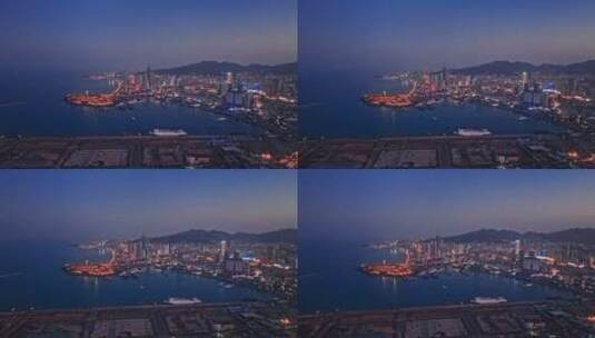 山东烟台港口海滨城市夜景航拍城市风光高清在线视频素材下载