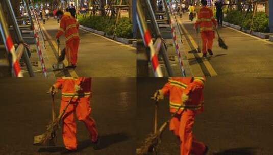 城市环卫工人夜间工作勤劳的环卫工高清在线视频素材下载