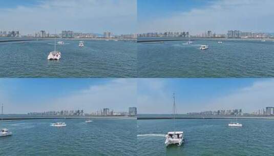 航拍沿海城市海岸线游艇码头高清在线视频素材下载