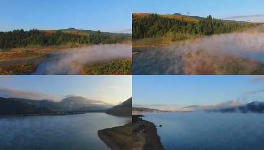 航拍秋季森林湖泊河流浓雾山峰日出晨雾高清在线视频素材下载