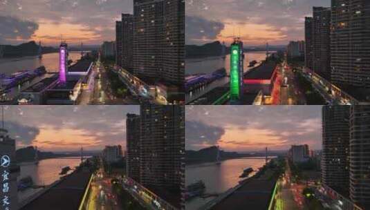 航拍宜昌城市沿江道路夜景高清在线视频素材下载