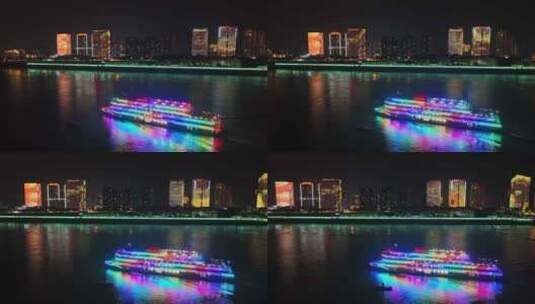 航拍宜昌城市夜景与长江游船高清在线视频素材下载