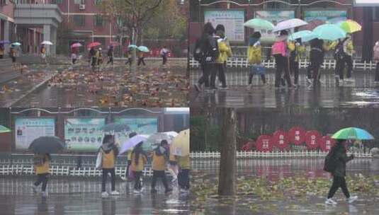 秋雨中戴口罩打雨伞进入学校的小学生高清在线视频素材下载