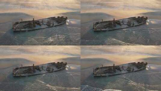 哈博莫沙夫·哈博尼姆旧沉船海滩上海岸线上失事船只的鸟瞰图高清在线视频素材下载