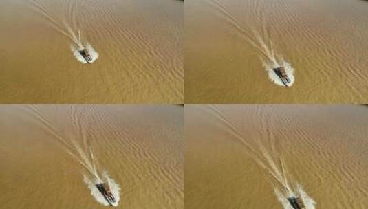 航拍宁夏中卫沙坡头黄河上的游船高清在线视频素材下载