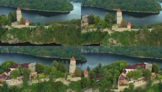 摄像机侧沿着被伏尔塔瓦河和奥塔瓦河包围的山上的兹维科夫城堡移动高清在线视频素材下载