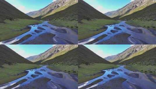 航拍四川甘孜乌库楚雪山下的草原溪流高清在线视频素材下载