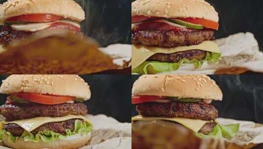 美味汉堡，快餐概念。新鲜自制烤汉堡配肉馅高清在线视频素材下载