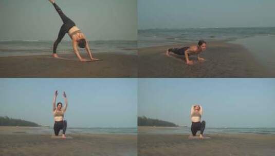 海边沙滩上练瑜伽意境瑜伽高清在线视频素材下载
