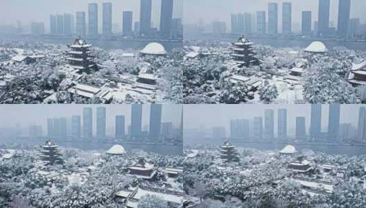 长沙橘子洲湘江大雪雪景航拍高清在线视频素材下载