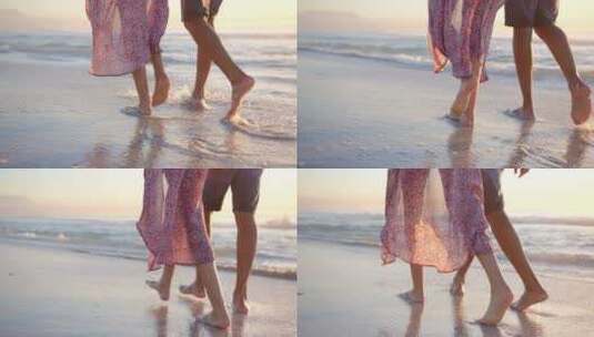 出生夫妇喜欢日落时赤脚慢动作的浪漫海滩漫高清在线视频素材下载