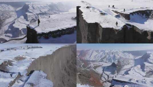 航拍新疆冬季安集海大峡谷红色山脉雪山河流高清在线视频素材下载