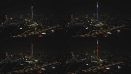 广州市区广州塔夜景闪灯高空航拍高清在线视频素材下载