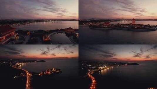 山东蓬莱海边夕阳夜景航拍高清在线视频素材下载