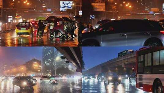 下雨夜晚城市奋斗人群车流高清在线视频素材下载