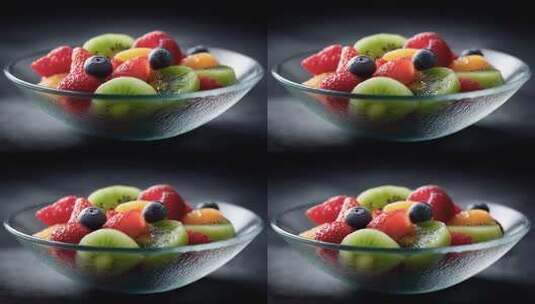 色彩鲜艳的水果沙拉在玻璃碗中呈现高清在线视频素材下载