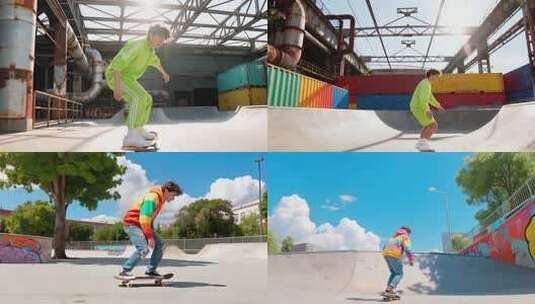 阳光灿烂滑板少年户外活动高清在线视频素材下载