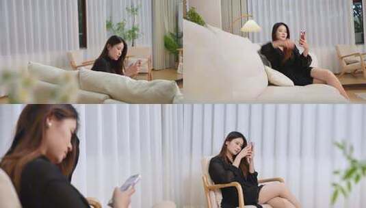 女性室内专注使用手机高清在线视频素材下载