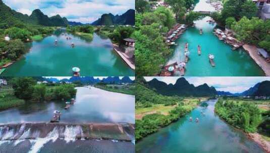 桂林山水竹筏航拍风景民族特色视频高清在线视频素材下载