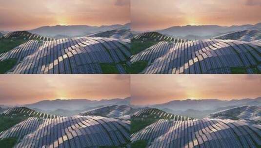 新能源太阳能光伏发电站夕阳下山坡航拍高清在线视频素材下载