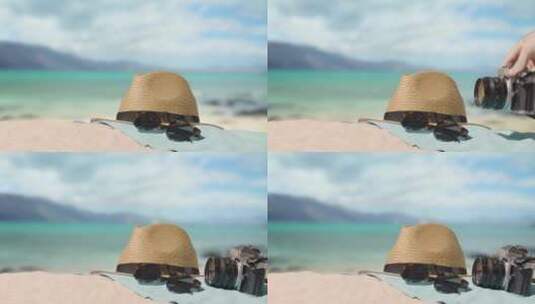 海滩上的太阳帽特写高清在线视频素材下载