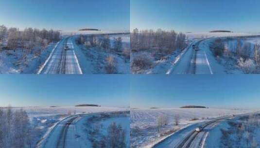 行驶在雪野公路上的越野车高清在线视频素材下载