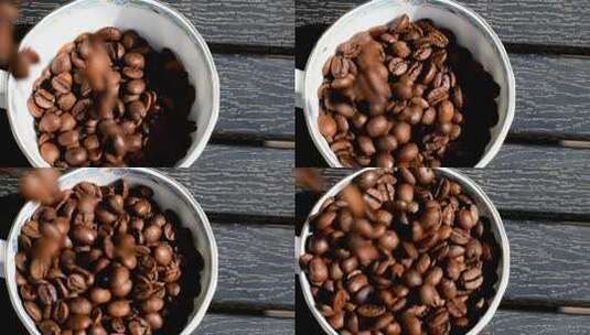咖啡豆倒进咖啡杯高清在线视频素材下载