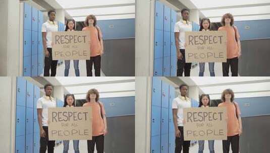 学生举着写着尊重所有人的横幅高清在线视频素材下载