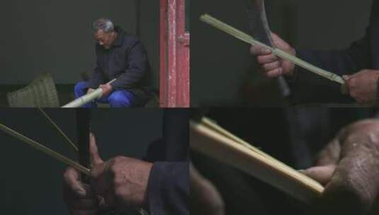 农村手工匠人用竹子编制物品高清在线视频素材下载