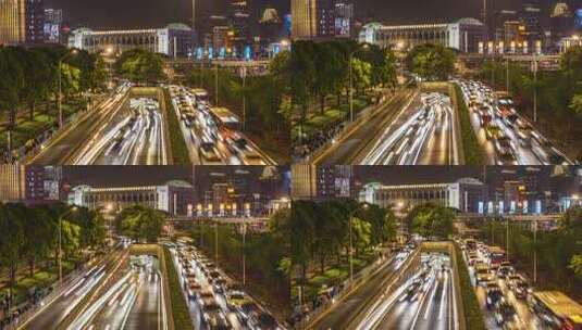 延安东路隧道夜景车流和上海国际会议中心高清在线视频素材下载