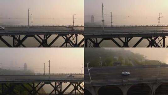 航拍武汉长江大桥侧拍桥面高清在线视频素材下载