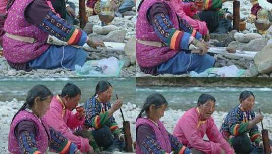 藏族人民在河边劳作聚会纺线织布打酥油茶高清在线视频素材下载
