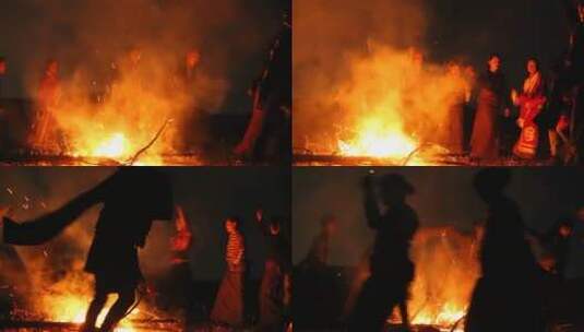 甘孜阿坝 晚上 篝火晚会 藏族唱歌跳舞高清在线视频素材下载